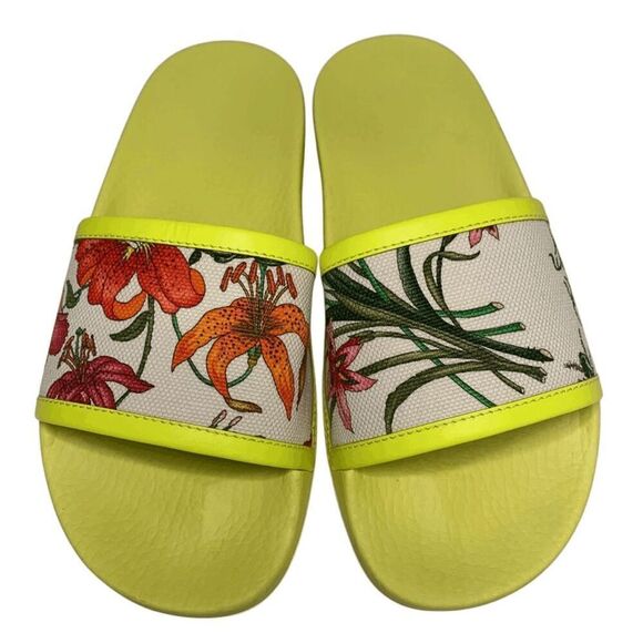 Gucci Canvas Flora Print Slide Sandal EU 36.5 US 6.5 Fluorescent Neon Yellow - Picture 2 of 10